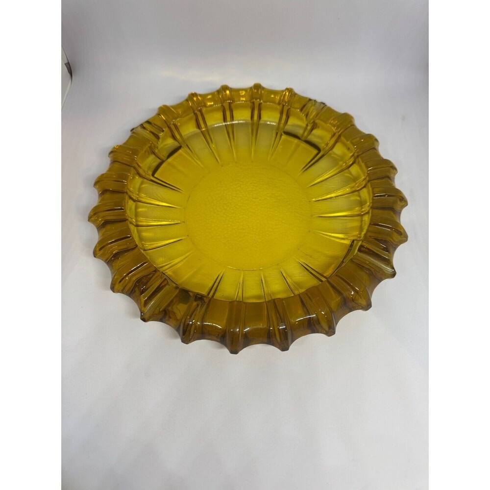 Vtg Honey Amber Depression Glass Ashtray 4 Slot Sunburst Pattern Large 10" MCM